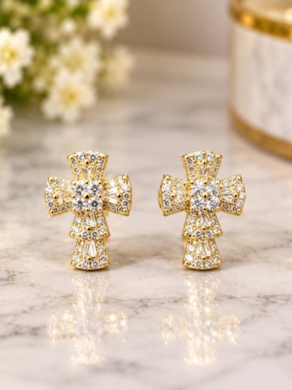 Gold Crystal Cross Stud Earrings - Women Jewelry